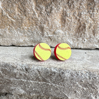 Softball Two Tone Round Stud Earrings | Sports Earrings