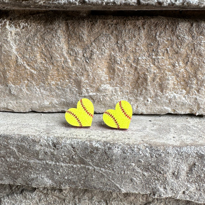 Softball Two Tone Heart Stud Earrings | Sports Earrings