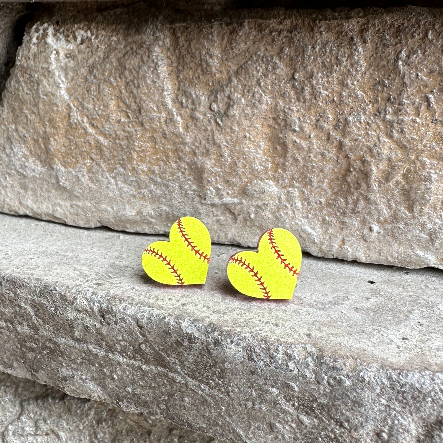 Softball Two Tone Heart Stud Earrings | Sports Earrings