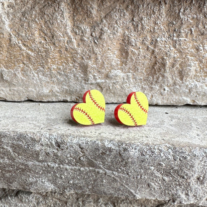 Softball Two Tone Heart Stud Earrings | Sports Earrings
