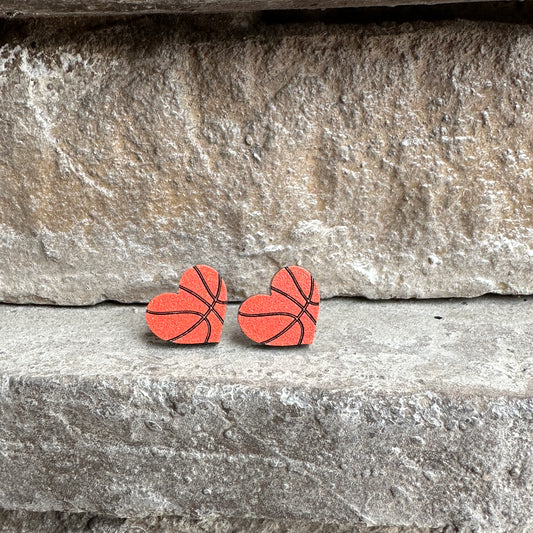 Basketball Two Tone Heart Stud Earrings | Sports Earrings