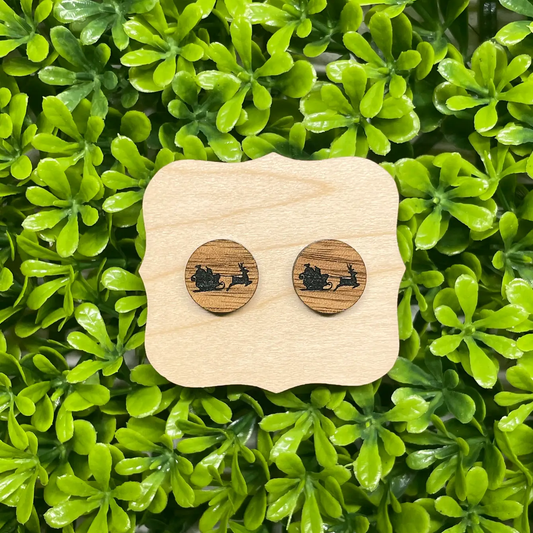Santa Sleigh Walnut Stud | Christmas Earrings
