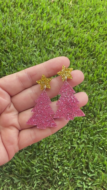 Pink Glitter Christmas Tree Earrings | Holiday Earrings