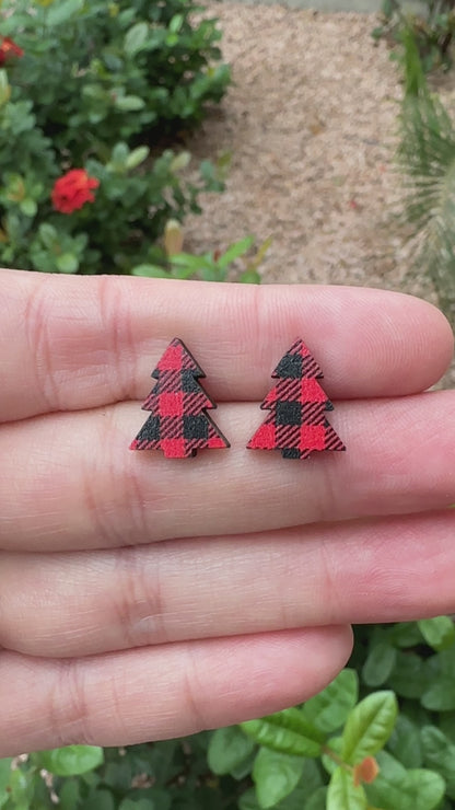 Red Buffalo Plaid Christmas Tree Stud | Christmas Earrings
