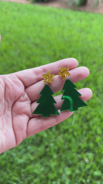 Green Mirror Christmas Tree Earrings | Holiday Earrings