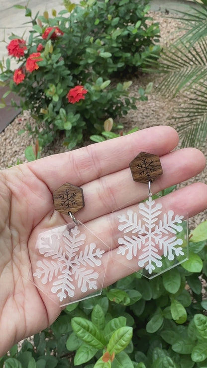 Snowflake Dangle & Walnut Stud | Christmas Earrings