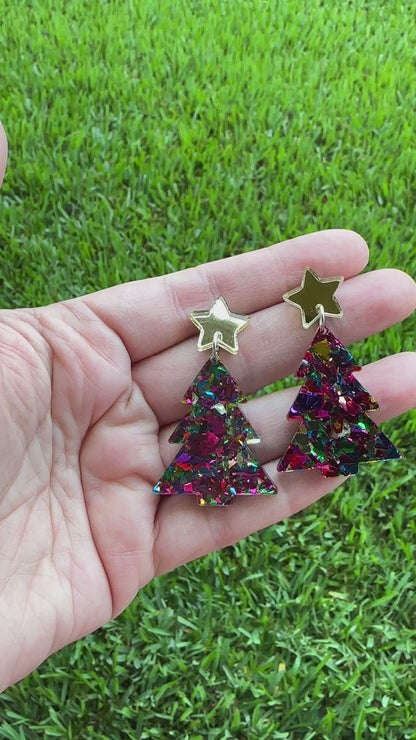 Pink Confetti Christmas Tree Earrings | Holiday Earrings
