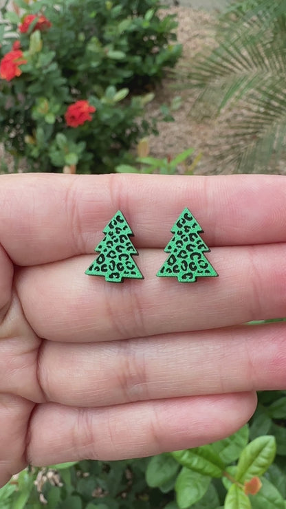 Green Leopard Christmas Tree Wood Earrings