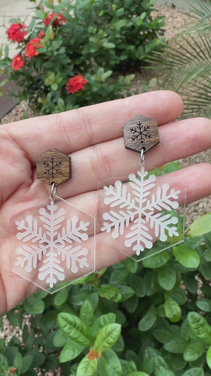Snowflake Dangle & Walnut Stud | Christmas Earrings