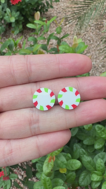 Green & Red Peppermint Candy Round Stud | Christmas Earrings