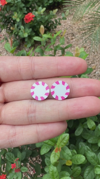 Pink Peppermint Candy Round Stud | Christmas Earrings