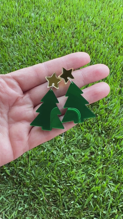 Green Mirror Christmas Tree Earrings | Holiday Earrings