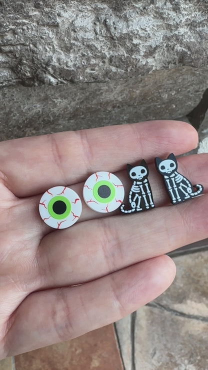 Cat Skeleton Stud Earrings | Halloween Earrings