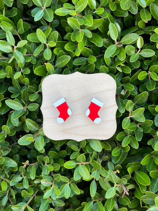 Red & White Christmas Stocking Wood Earrings