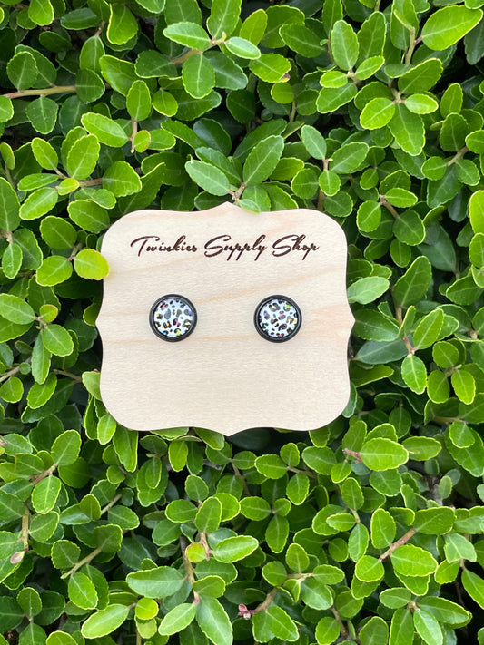 8mm White Rainbow Leopard Earrings