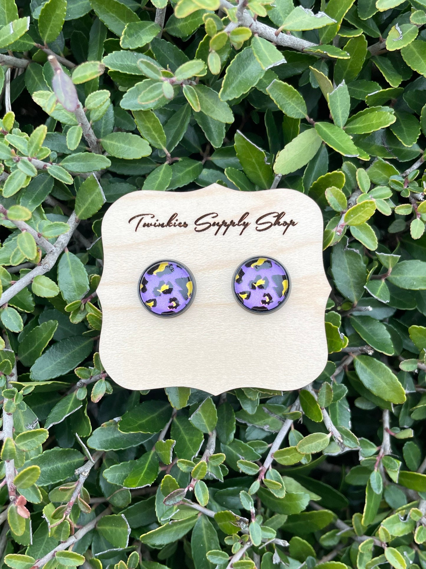 12mm Purple/Yellow Leopard Print Earrings