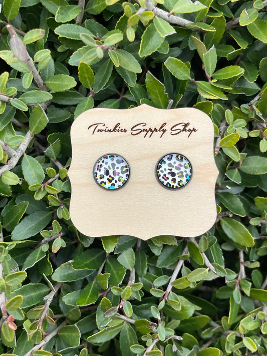 12mm White Leopard Rainbow Earrings