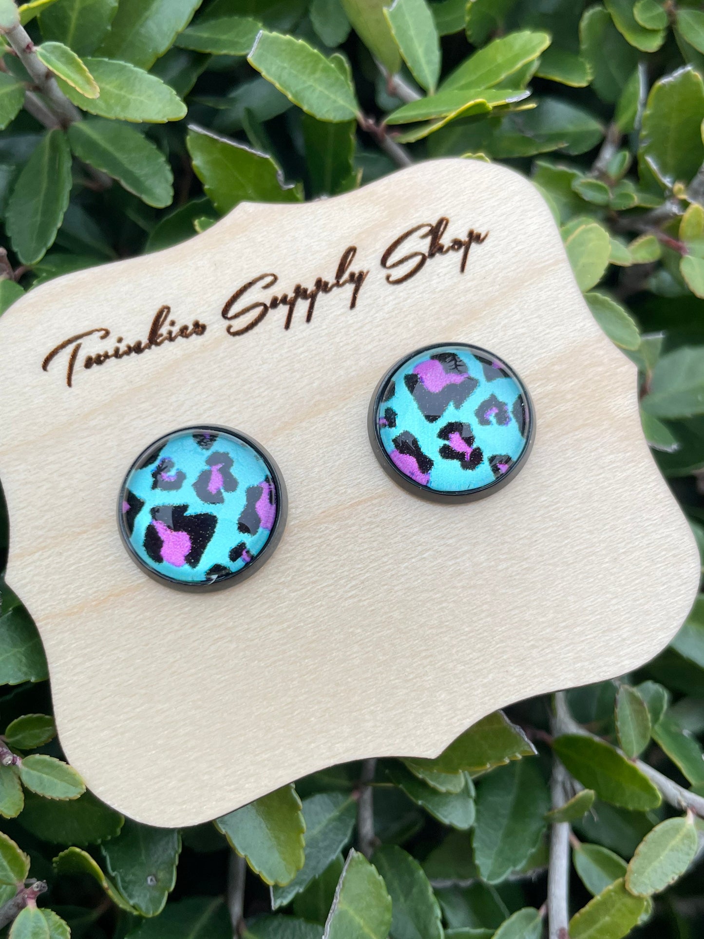 12mm Aqua/Fuchsia Leopard Print Earrings