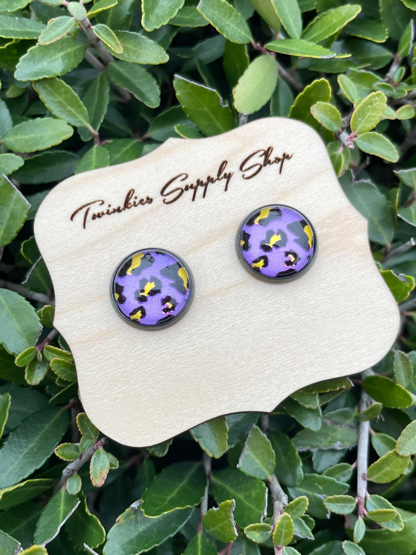 12mm Purple/Yellow Leopard Print Earrings