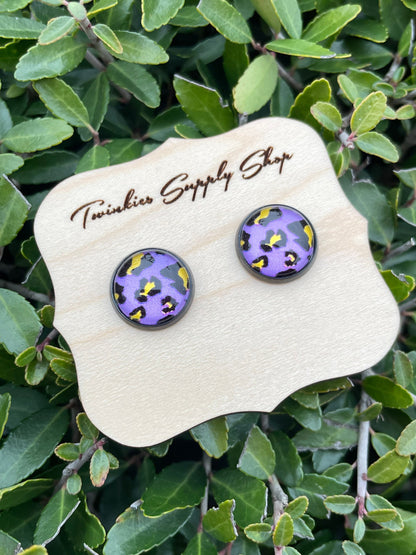 12mm Purple/Yellow Leopard Print Earrings