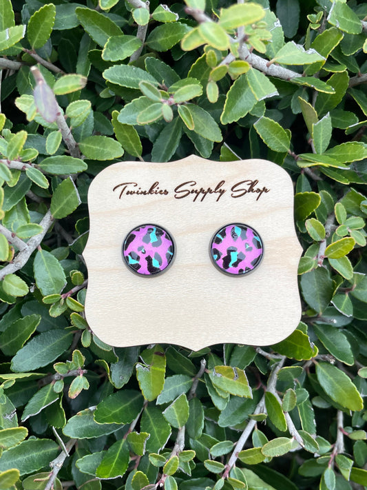 12mm Fuchsia/Aqua Leopard Print Earrings