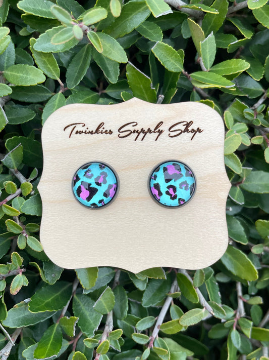 12mm Aqua/Fuchsia Leopard Print Earrings