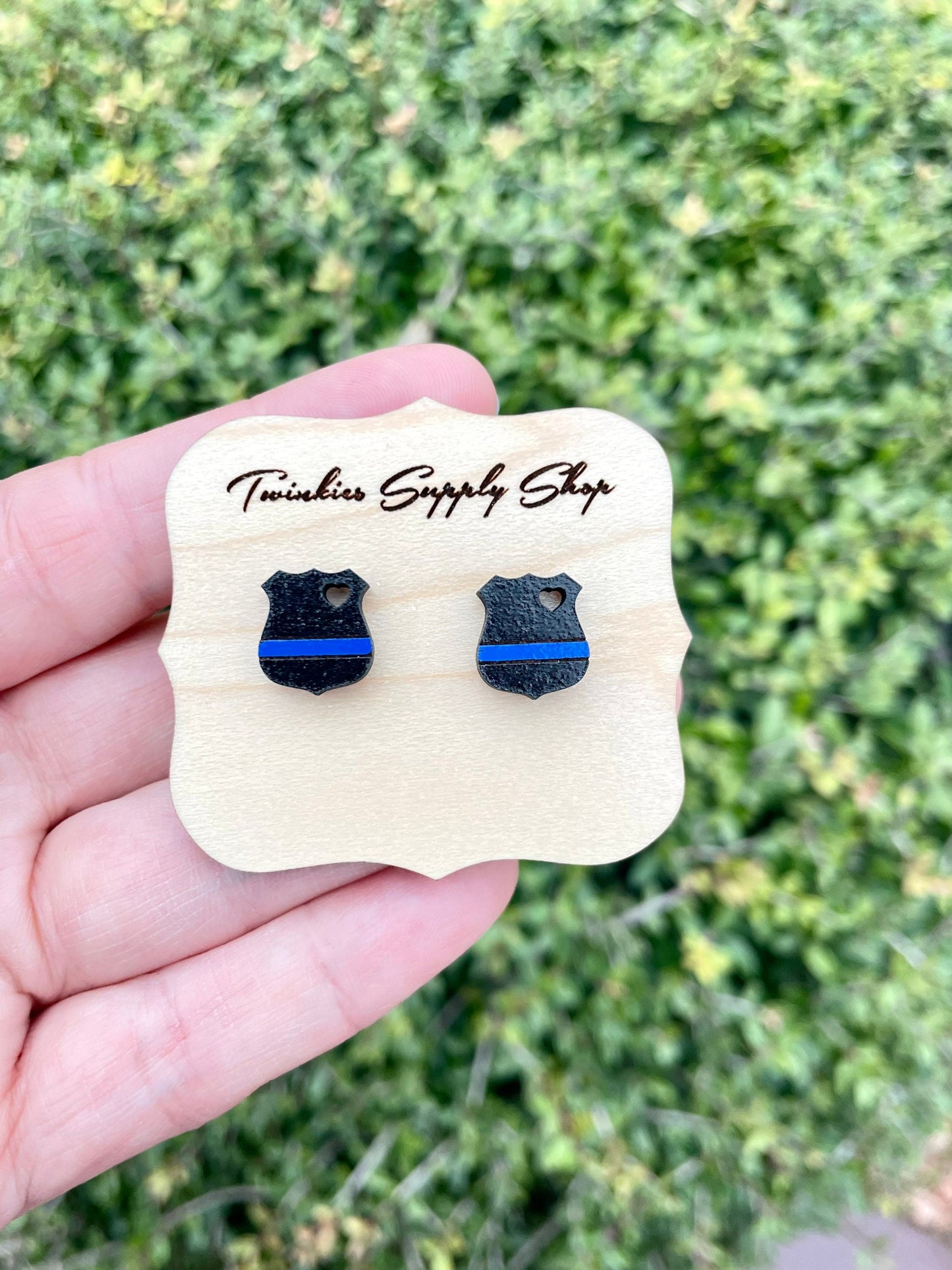 Thin Blue Line Badge Wood Earrings