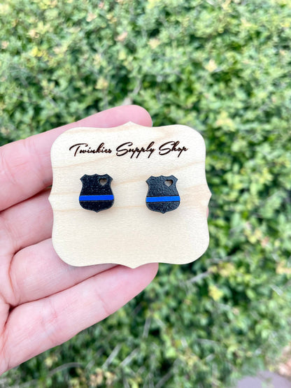 Thin Blue Line Badge Wood Earrings