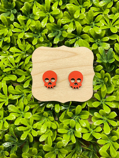 Orange Skull Wood Earrings | Halloween Earrings