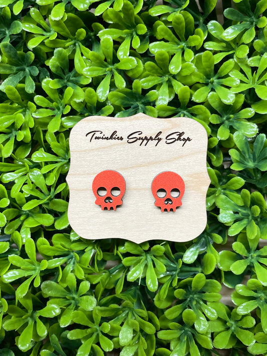 Orange Skull Wood Earrings | Halloween Earrings