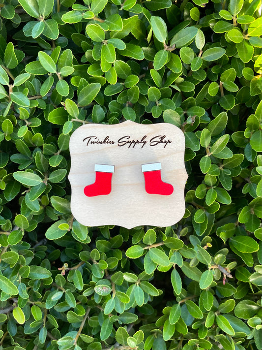 Red Christmas Stocking Wood Earrings