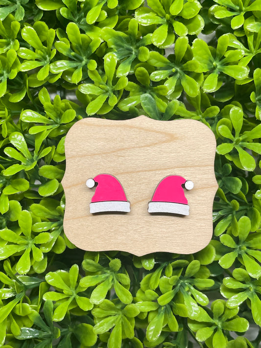 Pink Santa Hat Wood Earrings