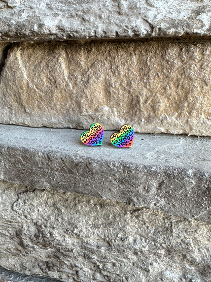 Rainbow Leopard Heart Earrings