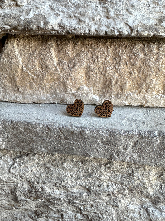 Leopard Heart Walnut Wood Earrings